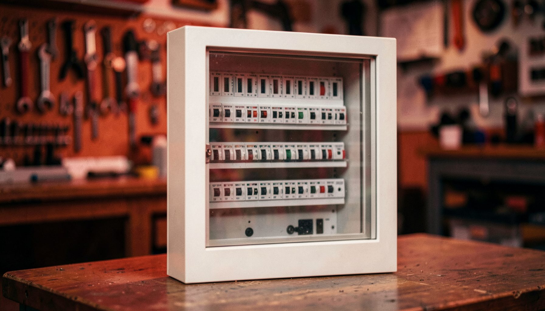 Coffret électrique encastré blanc avec porte transparente, rangées de disjoncteurs modulaires alignés, ambiance atelier propre