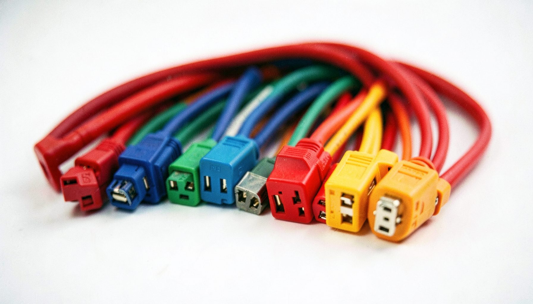 Cordons de brassage RJ45 de différentes couleurs rangés proprement, fond blanc