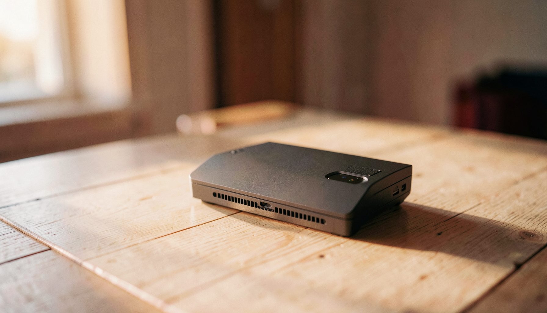 Boîtier domotique gris anthracite posé sur une table en bois clair, ambiance intérieure calme et lumière douce en fin de journée