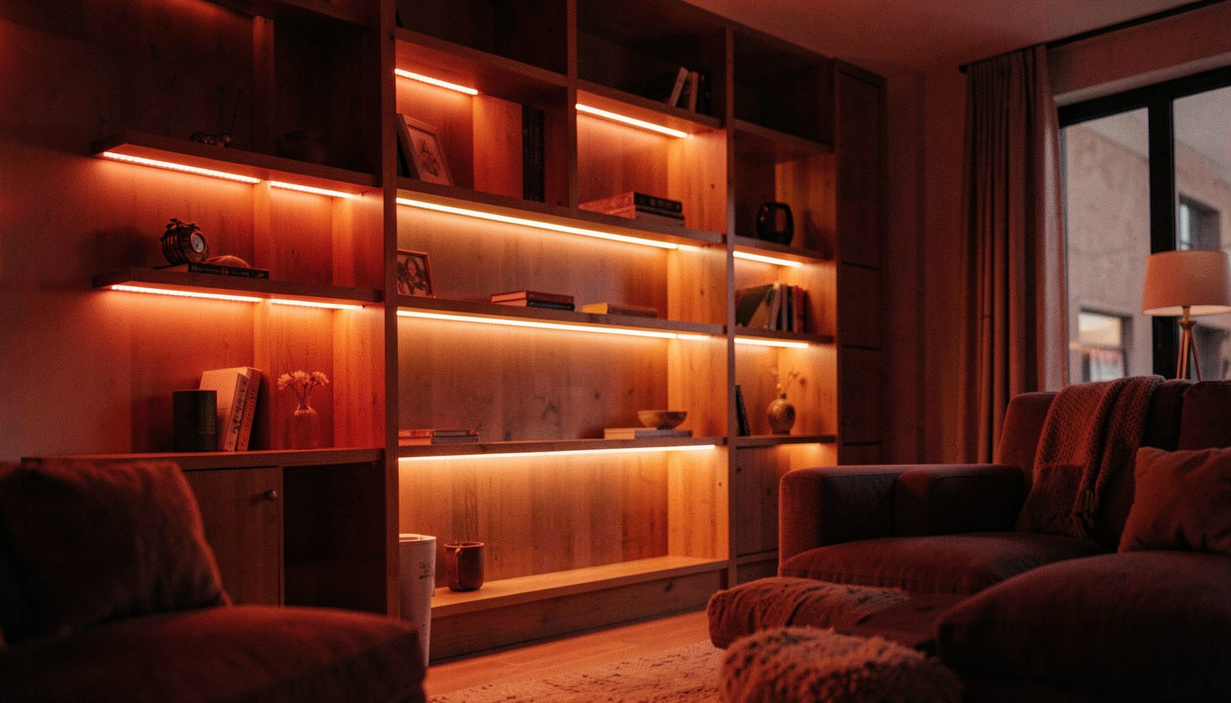 Ruban LED blanc chaud installé sous des étagères en bois, créant une ambiance cosy dans un salon contemporain