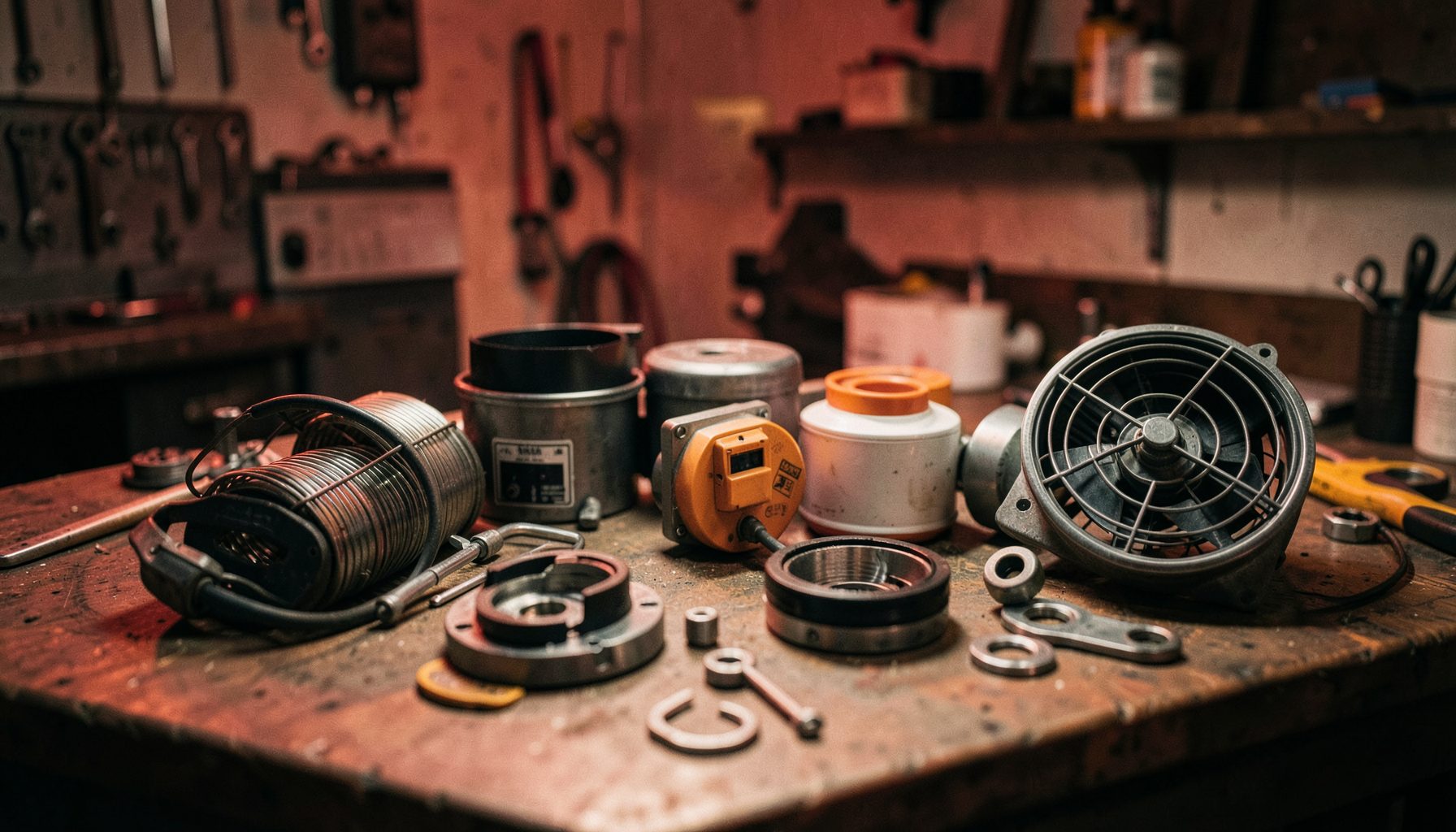 Pièces détachées de chauffage disposées sur un établi : résistances, thermostats et ventilateurs en métal et plastique, tons gris, noir et orange, éclairage d'atelier tamisé.