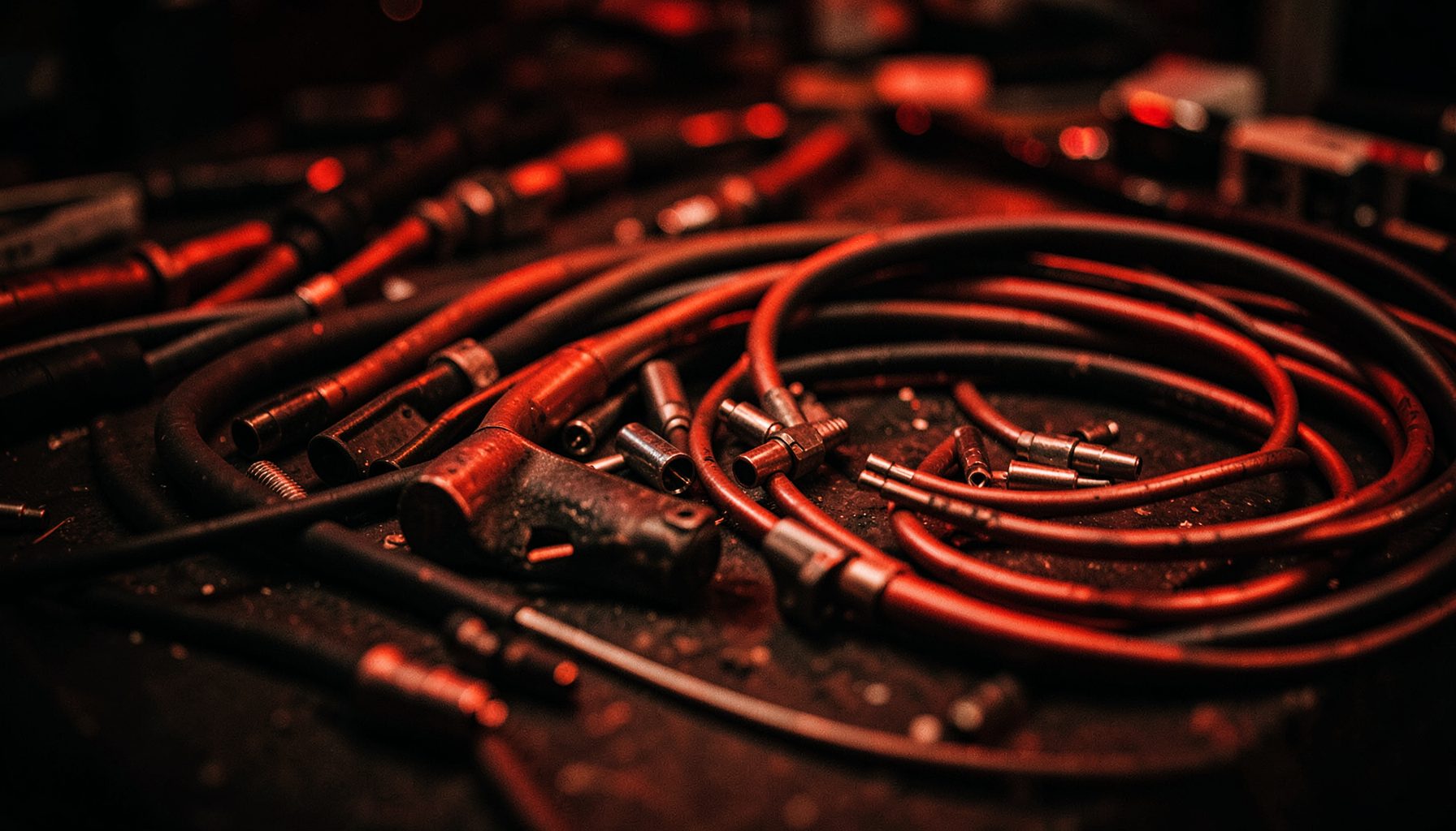 Câbles coaxiaux et connecteurs Fiche F en vrac sur fond sombre, tons cuivrés et noirs, ambiance atelier