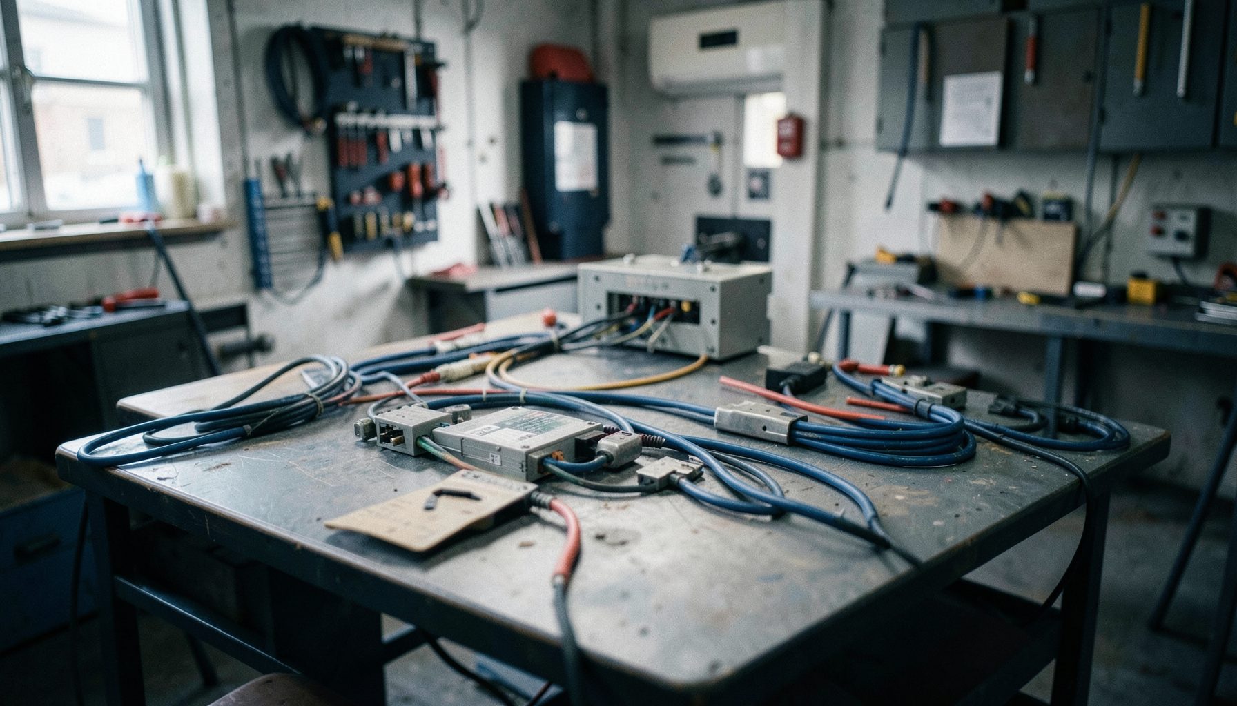Photo grand angle et douce d'un atelier d'installation électrique, tons gris et bleu marine, câbles et boîtiers de connexion soigneusement rangés sur un plan de travail