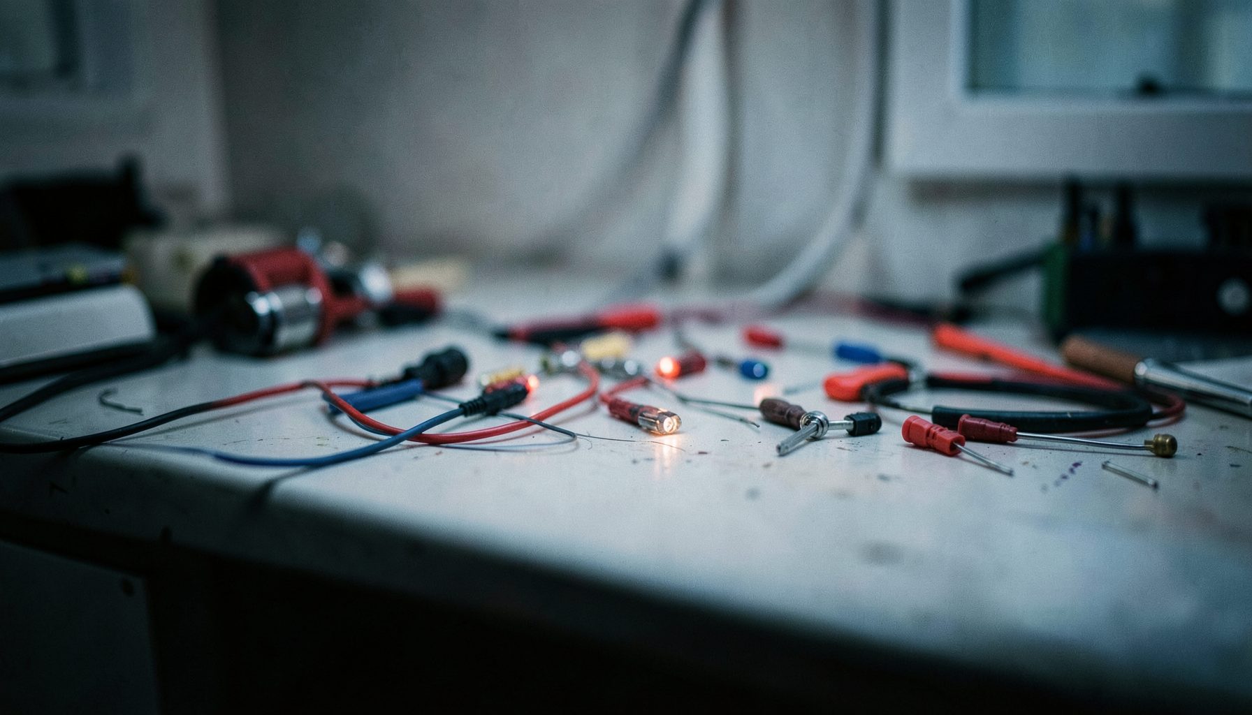 Photo grand format d'un plan de travail flou avec câbles, connecteurs et petits outils électriques, ambiance calme grise et bleutée